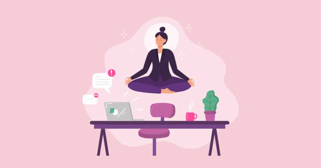 business woman meditating at work desk, illustration